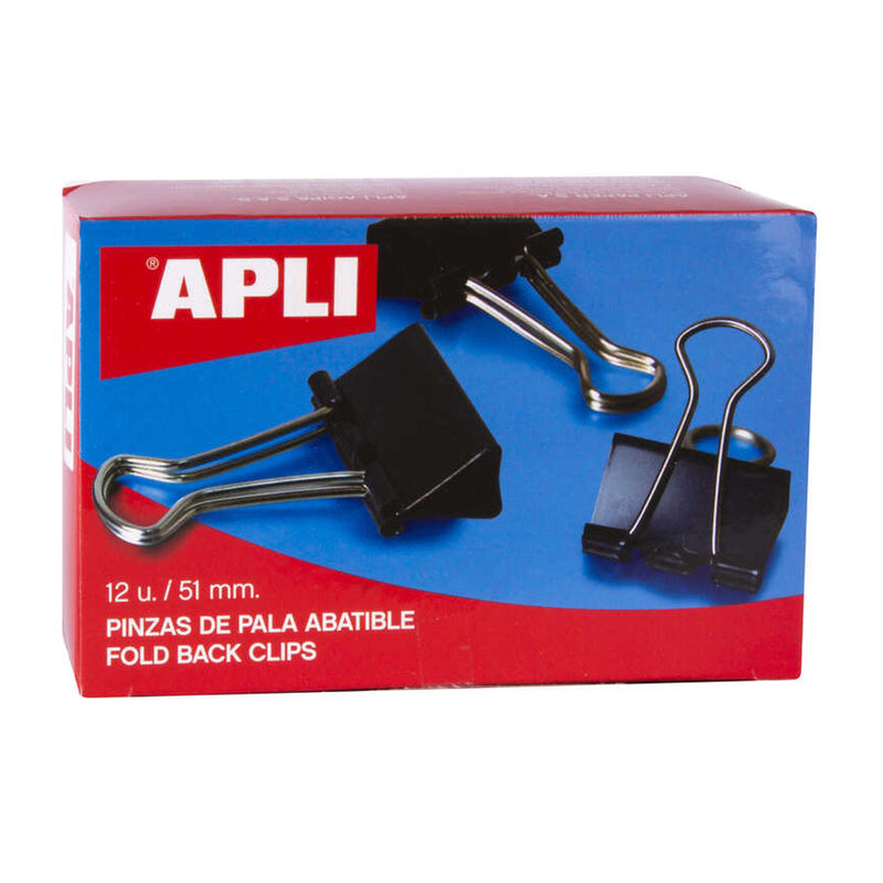 Apli Pinzas Abatibles 30x51mm - Acero Templado Negro - Asas Niquel - 12 Unidades - Sujecion Hasta 220 Hojas