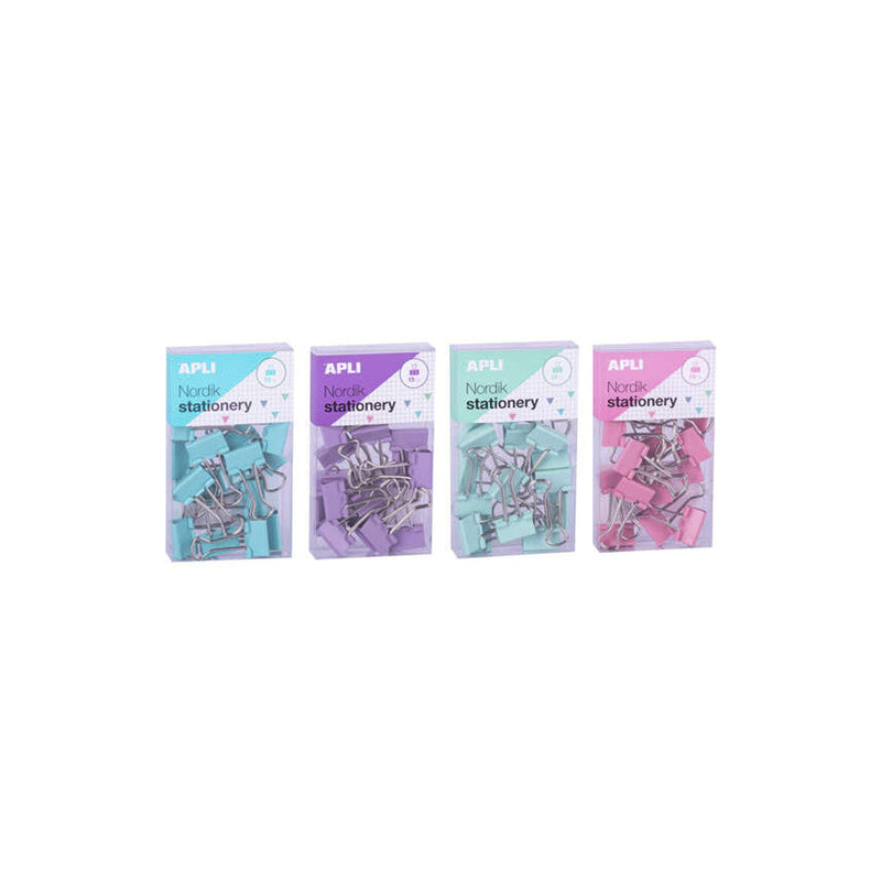 Apli Pinzas de Palas Abatibles 19mm - Clips de Acero Templado en Colores Pastel - Asas en Acabado Niquel - 15 Pinzas por Caja - 12 Cajas (3 por Color) - Eurohole para Colgar - Sujecion Óptima Hasta 50 Hojas - Disponibles en 4 Colores Nordik