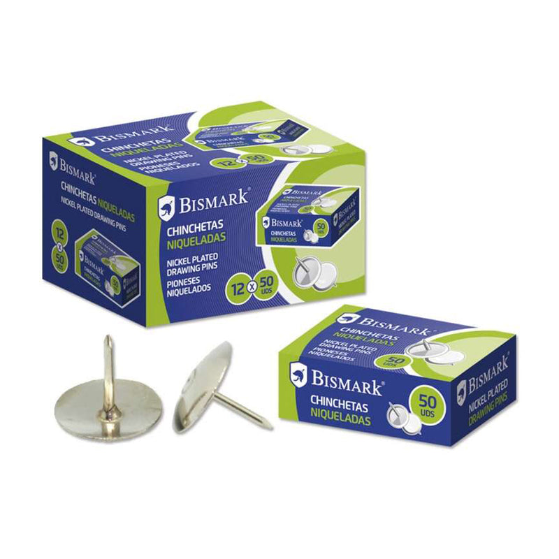 Bismark Caja de 50 Chinchetas Niqueladas - Planas - Resistencia Alta - Acabado Brillante - Color Plata
