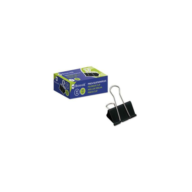 Bismark Pack de 12 Pinzas Sujetapapeles Metalicas de 32mm - Pala Abatible - Color Negro