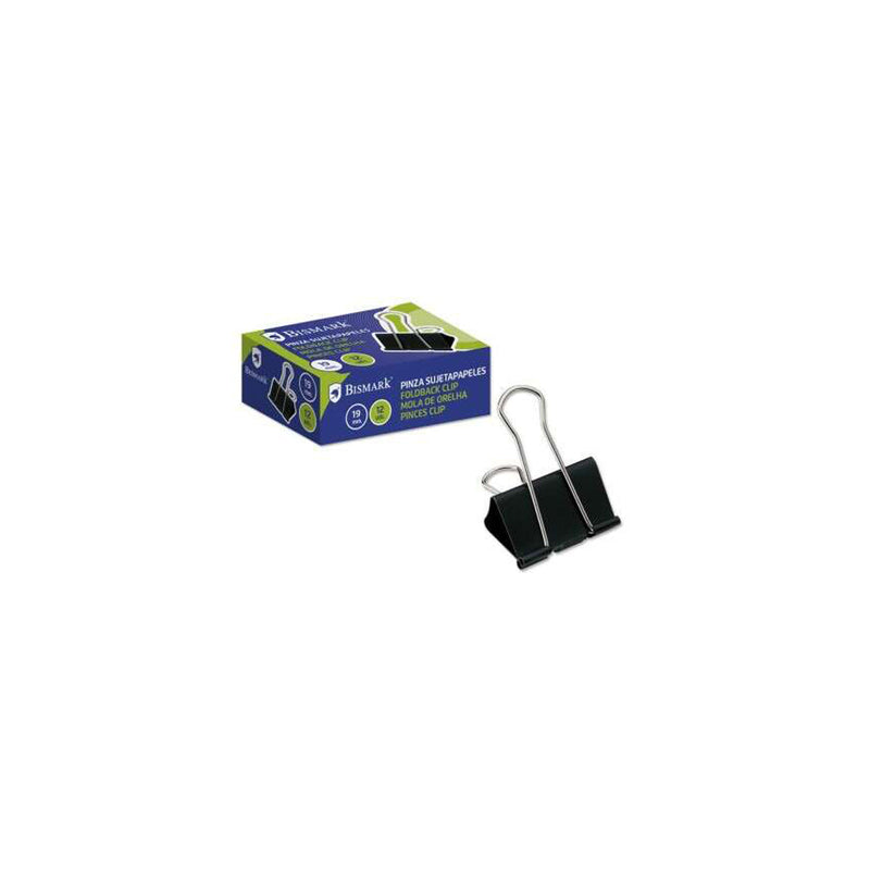 Bismark Pack de 12 Pinzas Sujetapapeles Metalicas de 19mm - Pala Abatible - Color Negro