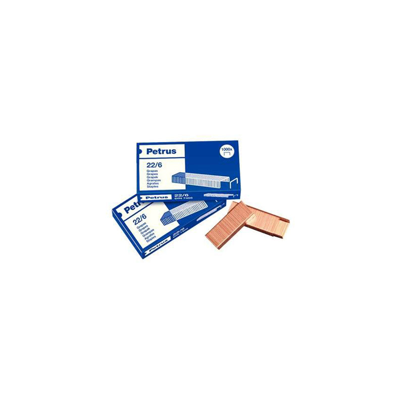Petrus Pack de 4 Cajas de 1000 Grapas 22/6 Cobreadas - Hasta 30 Hojas - Patilla de 6mm