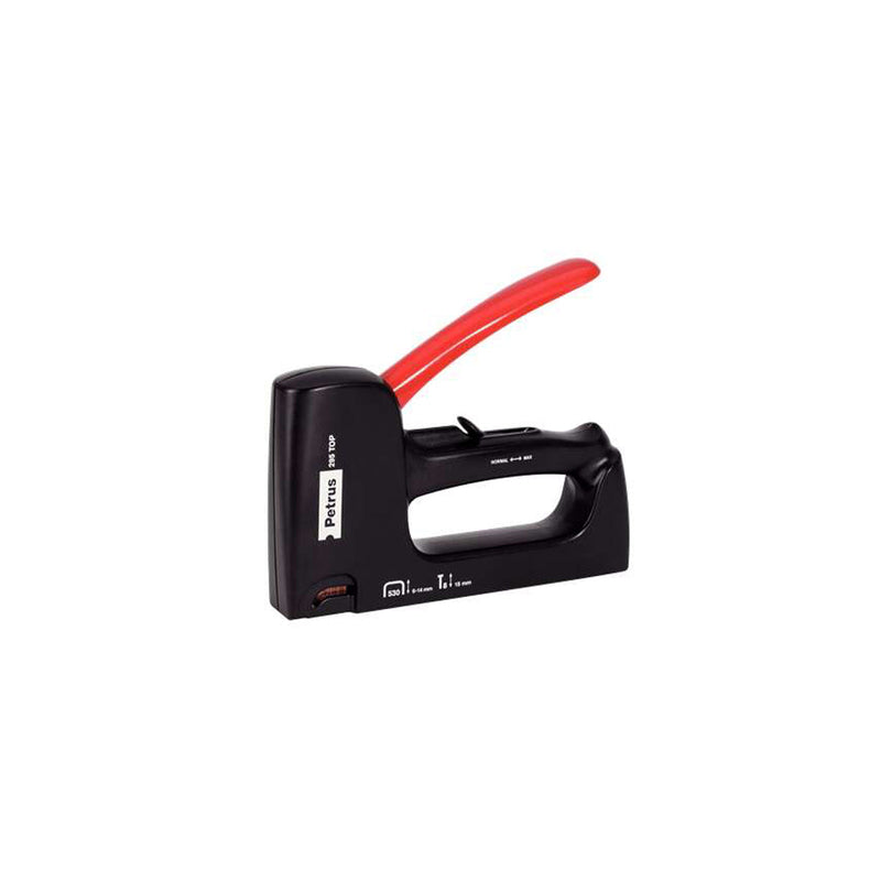 Petrus 295 Top Clavadora/Grapadora - Para Grapas 530/6 a 14mm y Pins Tipo 8 de 15mm - Ajuste de Potencia - Color Negro/Rojo