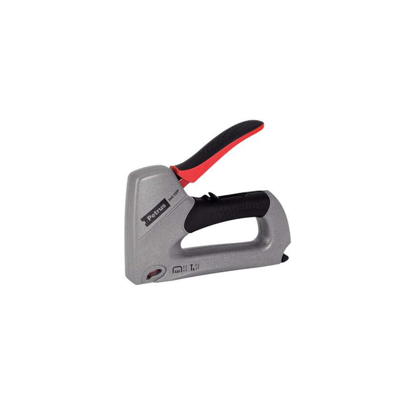 Petrus 340 Top Clavadora/Grapadora Metalica - Para Grapas 530/6 a 14mm y Pins Tipo 8 de 15mm - Ajuste de Potencia - Color Gris/Negro