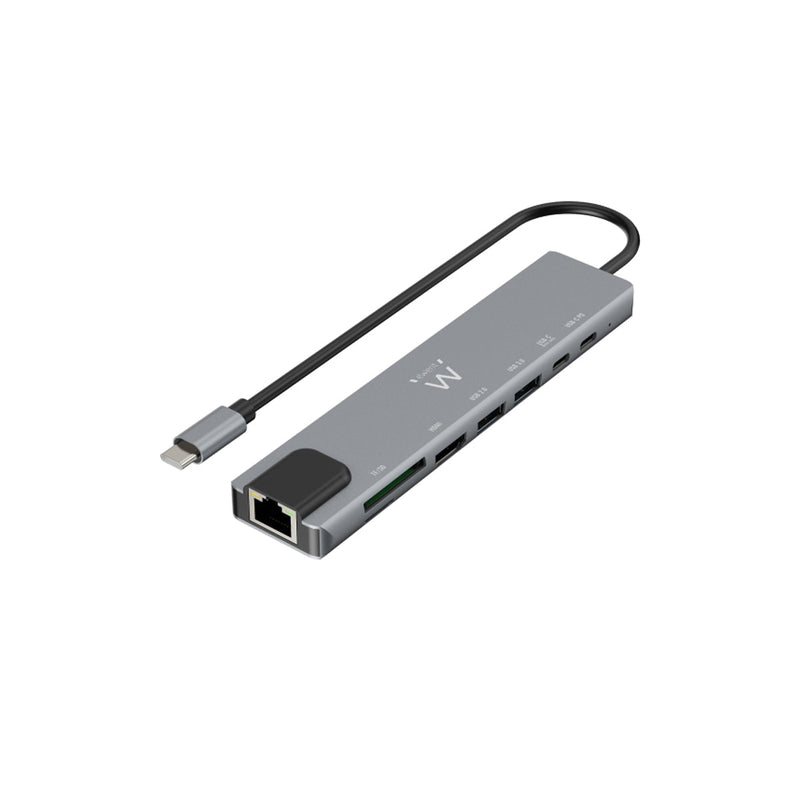 Ewent USB-C Dock 8 en 1 - HDMI 4K - PD 87W - USB-C - 2xUSB-A - LAN - Lector de tarjetas - Color Plata