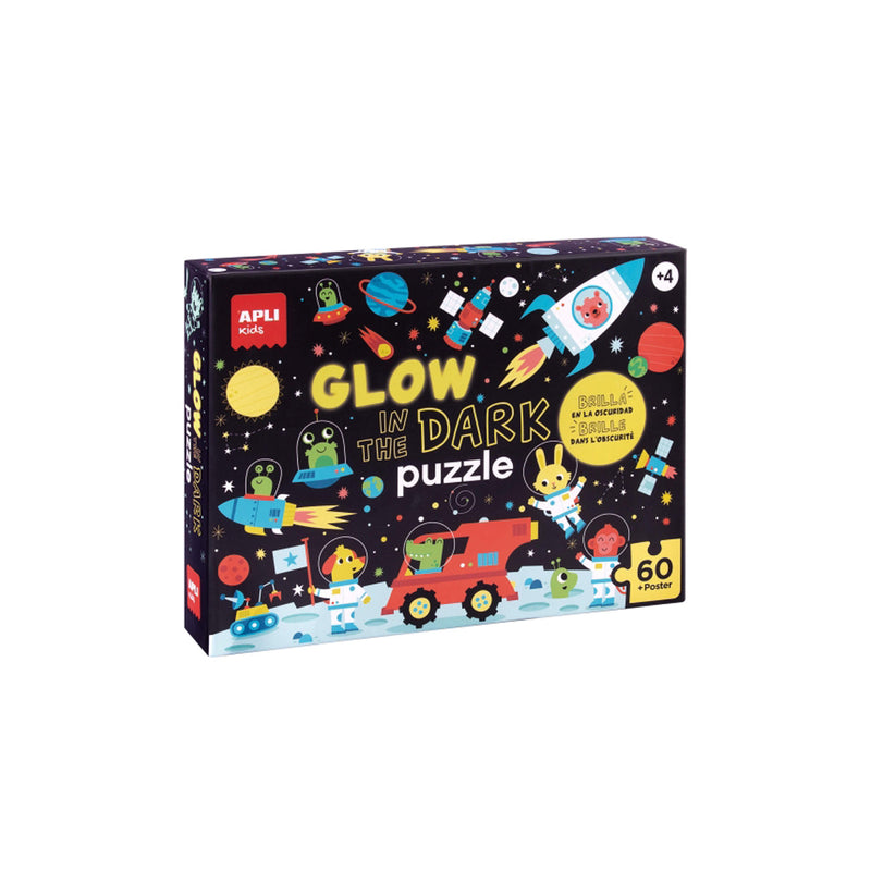 Apli Glow in the Dark Puzzle Fluorescente de 60 Piezas 6x6cm - Tematica Espacio - Efecto Fluorescente que Revela Diseños Ocultos - Poster para Facilitar Montaje - Recomendado para Niños a partir de 4 Años