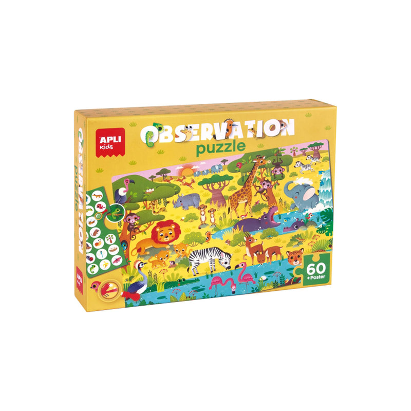 Apli Puzzle Observacion Junior Jungla de 60 Piezas de 6x6cm - Incluye Poster y 1 Ficha con Diferentes Objetos - Desarrolla la Concentracion, Observacion y Memoria - Recomendado para Niños a partir de 4 Años