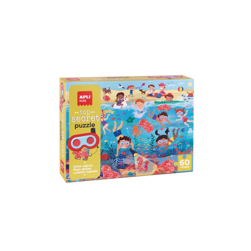 Apli Top Secret Puzzle de 60 Piezas 6x6cm - Tematica Playa - Usa las Gafas para Descubrir Zonas Secretas - Poster para Facilitar Montaje - Recomendado para Niños a partir de 4 Años
