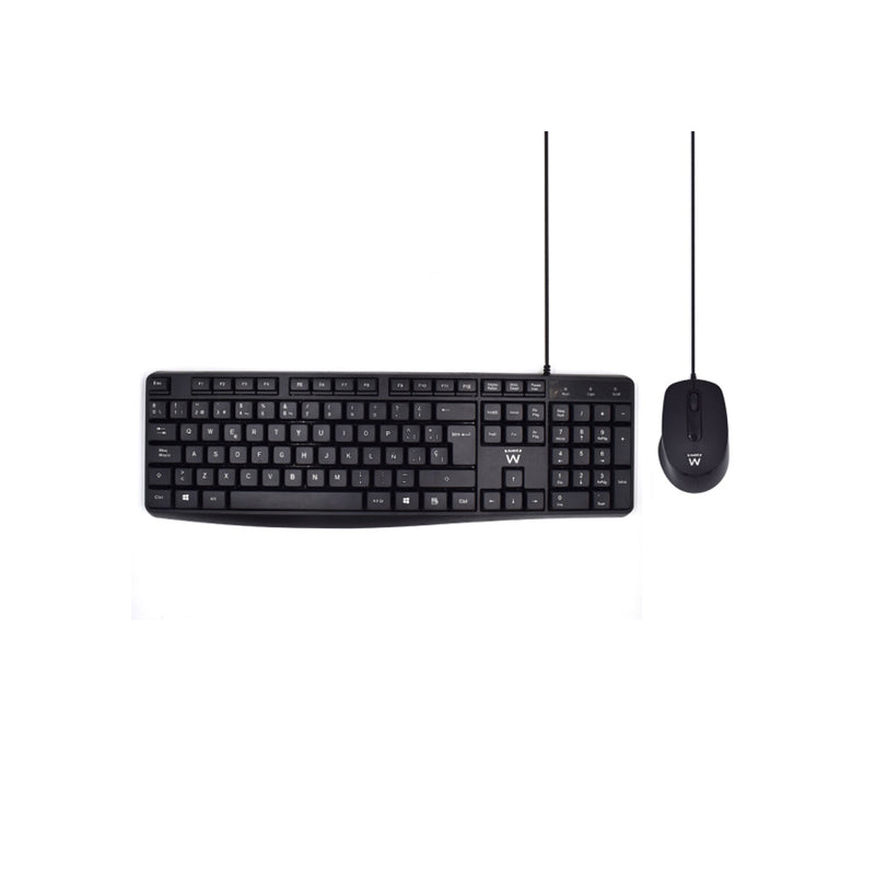 Ewent Paquete con Cable KB+RATON - Teclado de Oficina -Cable USB-A de 1.35m - Raton de oficina - 1000dpi - Cable USB-A de 1.35m - Color Negro