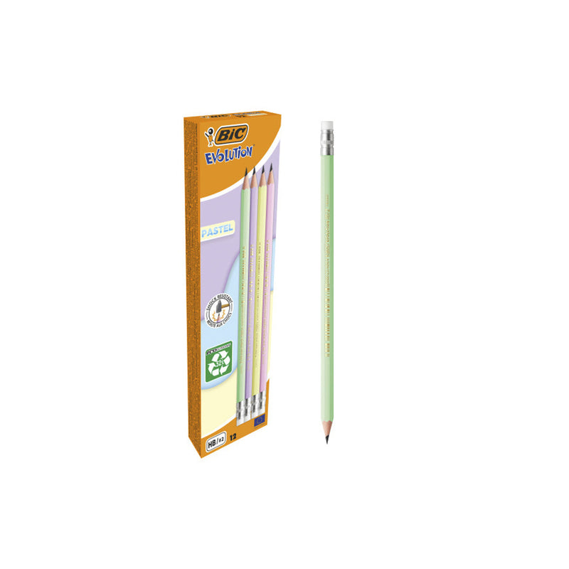 Bic Evolution Pastel Lapiz de Grafito Hexagonal con Goma - Mina HB Ultrarresistente - Sin Madera - No se Astilla - Colores Pastel