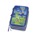 Faber-Castell Diseño Dinosaurio Estuche de 3 Pisos con Contenido de Serie: Goma de Borrar, Sacapuntas, Lapiz de Grafito HB, 2 Boligrafos (Azul y Rojo), Regla de 15cm, 18 Lapices de Colores, 18 Rotuladores, Tijera y Barra de Pegamento