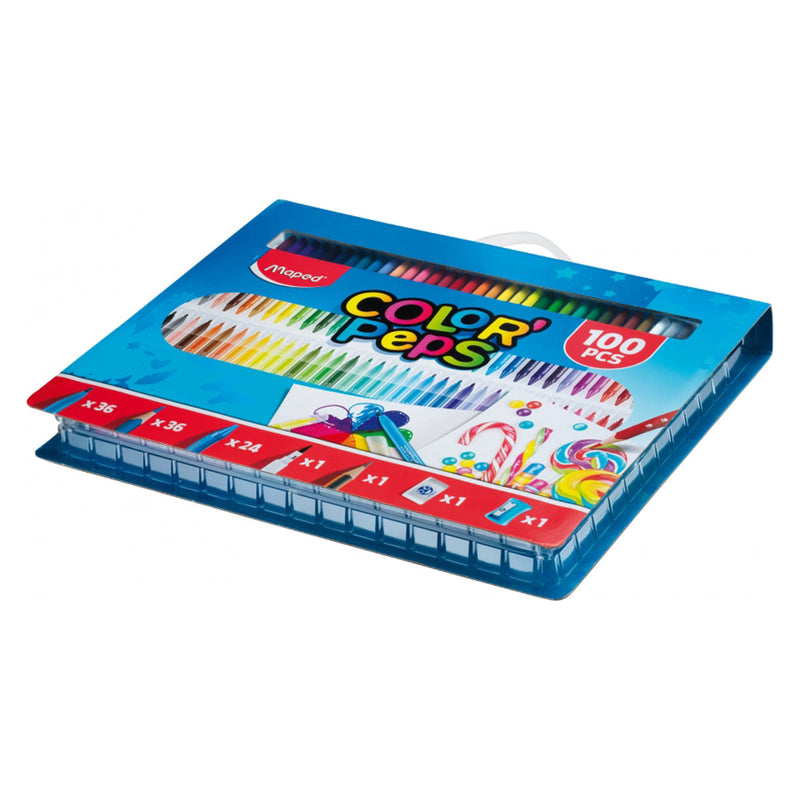 Maped Color`Peps Pack de 100 Piezas para Colorear - 36 Rotuladores, 36 Lapices, 24 Ceras, 1 Rotulador Punta Pincel, 1 Lapiz Grafito, 1 Goma y 1 Sacapuntas - Colores Surtidos