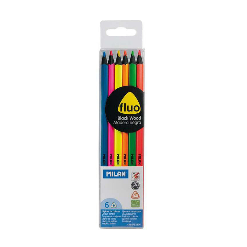Milan Fluo Pack de 6 Lapices Triangulares de Colores - Mina 2.9mm - Ergonomicos - Resistente a la Rotura - Madera de Tilo - Colores Surtidos