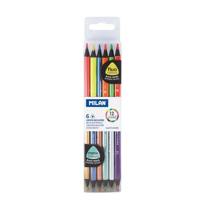 Milan Pack de 6 Lapices Bicolores Triangulares - Mina de 2.9mm - Forma Ergonomica - Resistente a la Rotura - Colores Fluo y Metalizados
