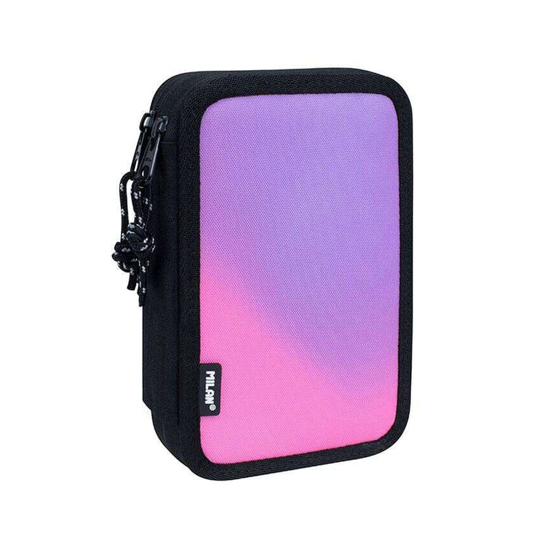 Milan Sunset Plumier de 2 Pisos con 2 Gomas de Borrar, Sacapuntas, Lapiz, Boligrafo Compact, Regla, 12 Lapices de Colores y 18 Rotuladores - Color Negro/Rosa