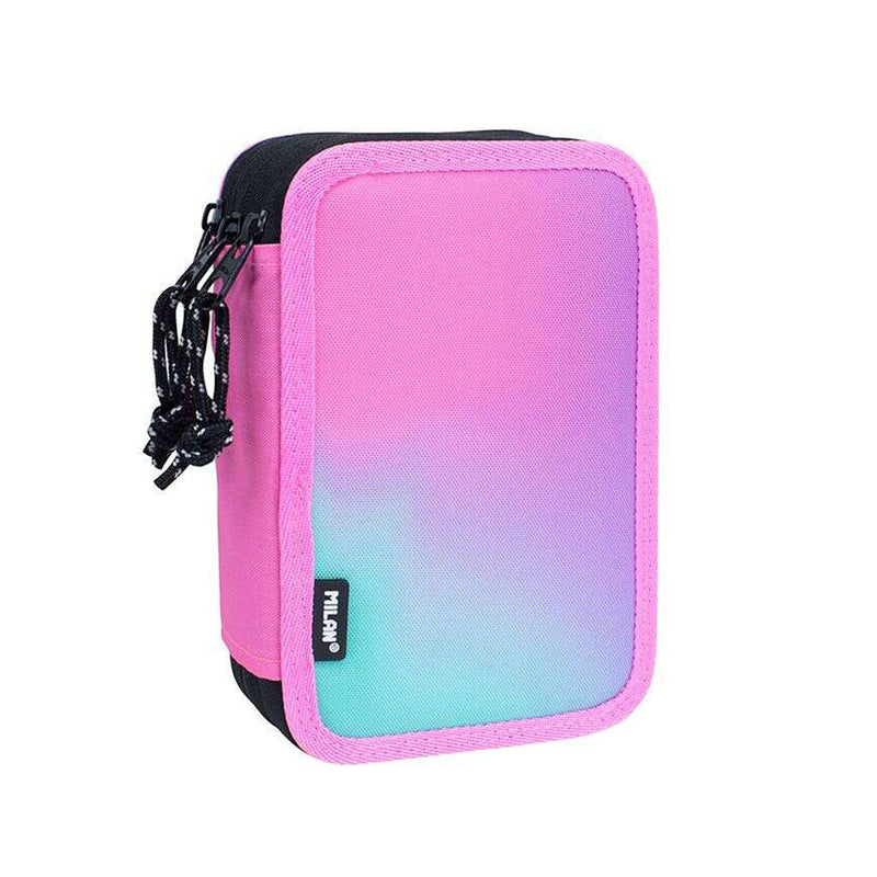 Milan Sunset Plumier de 3 Pisos con Goma de Borrar, Sacapuntas, Lapiz, 3 Boligrafos Capsule, Regla, 12 Lapices de Colores, 6 Lapices de Colores Metalizados, 5 Fluorescentes, Tijeras y 18 Rotuladores - Color Rosa