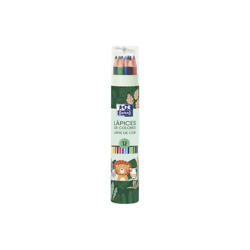 Oxford Animal Besties Tubo de 12 Lapices de Colores + Sacapuntas - Fabricados en Madera - Lapices Decorados con Diseños de Animales - Colores Surtidos
