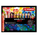 Stabilo Woody 3 en 1 Arty Pack de 10 Lapices de Colores + Sacapuntas - Lapiz de Color, Cera y Acuarela, Todo en Uno - Mina XXL 10mm - Colores Surtidos