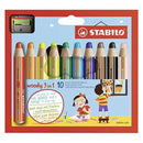 Stabilo Woody 3 en 1 Pack de 10 Lapices de Colores + Sacapuntas - Lapiz de Color, Cera y Acuarela, Todo en Uno - Mina XXL 10mm - Colores Surtidos