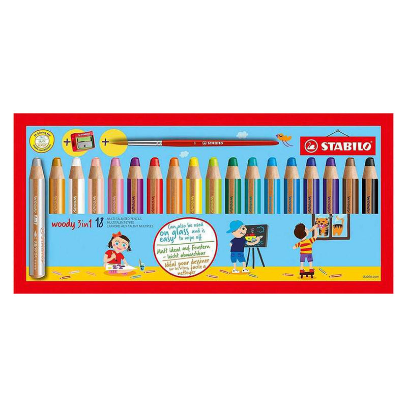 Stabilo Woody 3 en 1 Pack de 18 Lapices de Colores + Sacapuntas + Pincel Nº 8 - Lapiz de Color, Cera y Acuarela, Todo en Uno - Mina XXL 10mm - Colores Surtidos