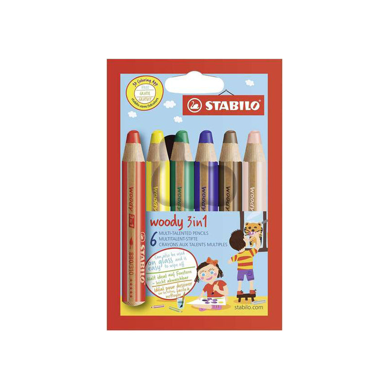 Stabilo Woody 3 en 1 Pack de 6 Lapices de Colores - Lapiz de Color, Cera y Acuarela, Todo en Uno - Mina XXL 10mm - Colores Surtidos