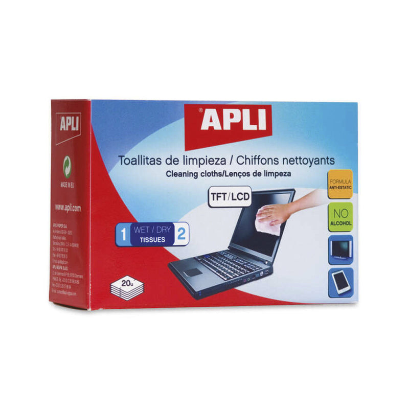 Apli Toallitas de Limpieza para Equipos Electronicos - Propiedades Antiestaticas - Incluye 20 Sobres con Toallita Humeda y Seca - sin Alcohol