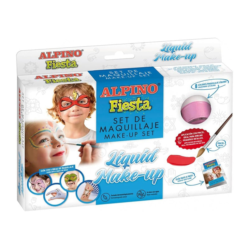 Alpino Fiesta Pack de 8 Botes de Maquillaje Liquido de Diferentes Colores + Pincel + Guia de Ideas - Se Lava con Agua - Testado Dermatologicamente