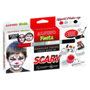 Alpino Fiesta Scary Pack de 4 Botes de Maquillaje Liquido de Diferentes Colores + Pincel + Guia de Ideas - Se Lava con Agua - Testado Dermatologicamente