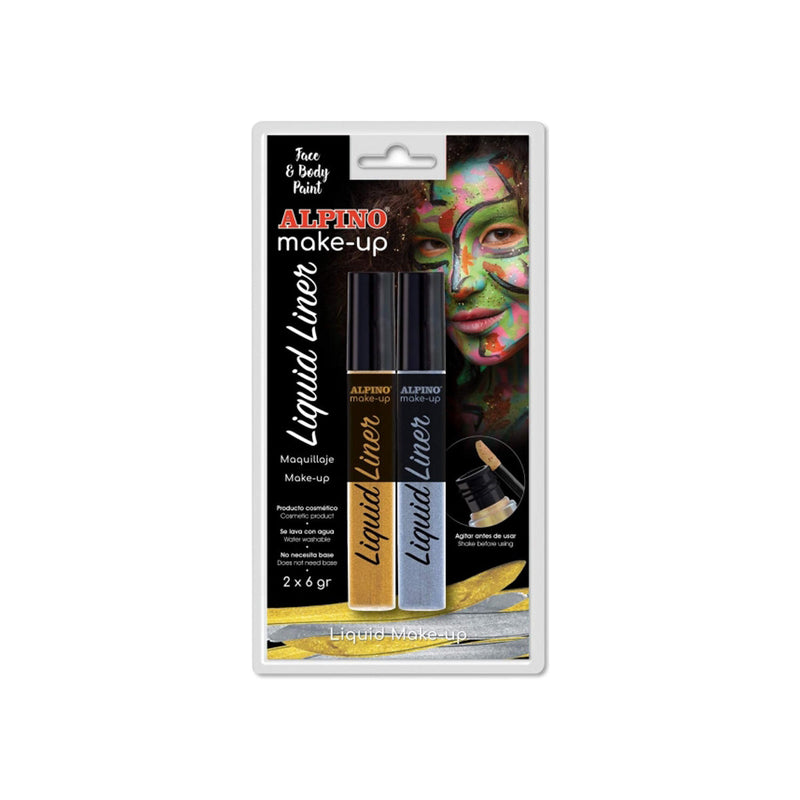 Alpino Make-up Liquid Liner Pack con 2 Botes de Maquillaje Liquido con Aplicador - Se Lava con Agua - Testado Dermatologicamente - Colores Oro y Plata