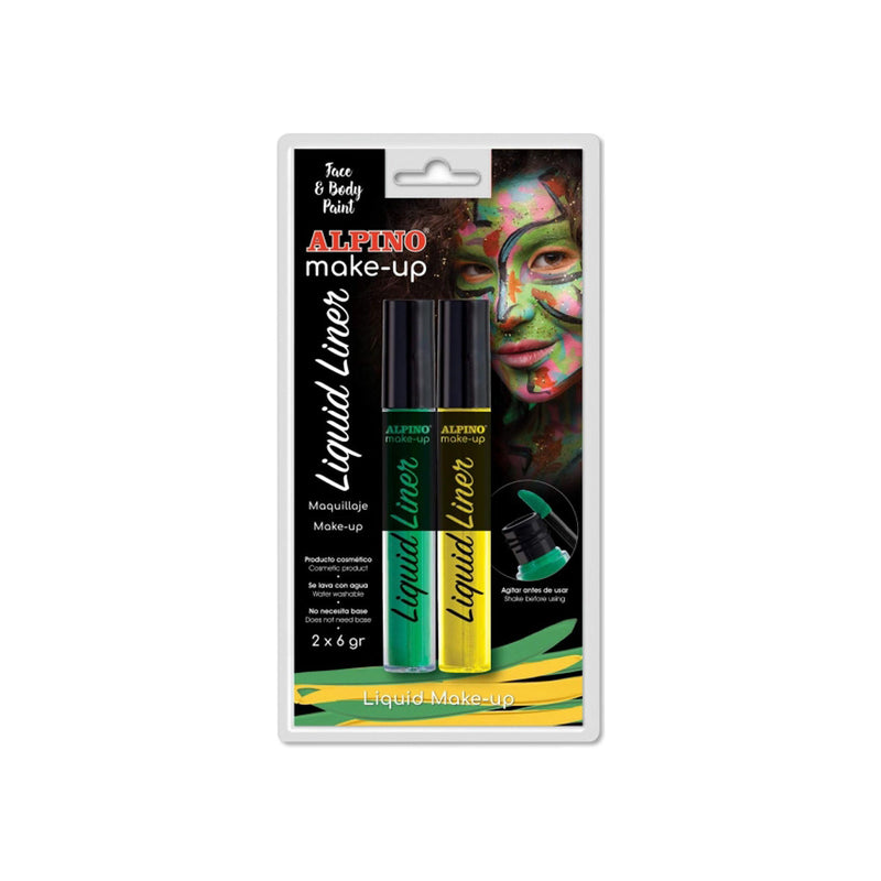 Alpino Make-up Liquid Liner Pack con 2 Botes de Maquillaje Liquido con Aplicador - Se Lava con Agua - Testado Dermatologicamente - Colores Amarillo y Verde