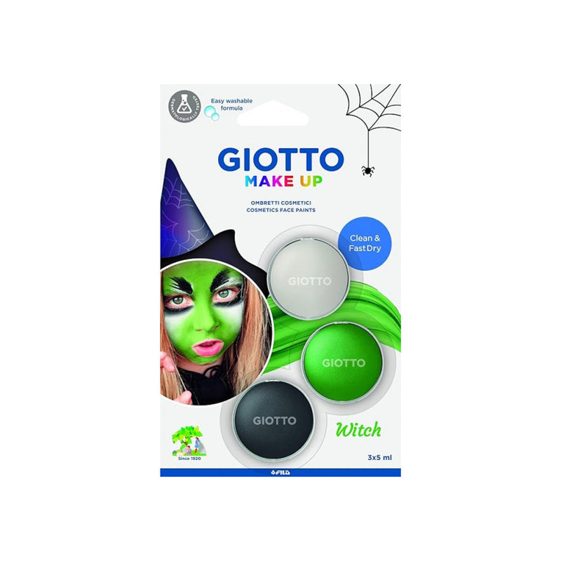 Giotto Make Up Witch Pack con 3 Maquillajes Faciales de Tematica Bruja - Se Lava con Agua - Dermatologicamente Testado - Colores Surtidos