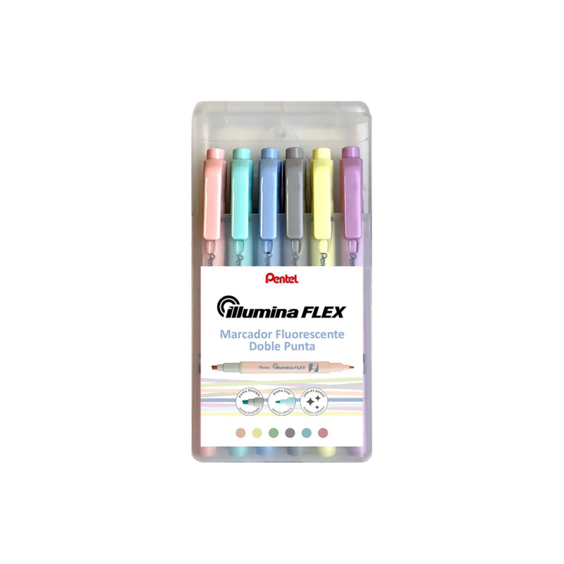 Pentel Illumina Flex Pack de 6 Marcadores Fluorescentes Doble Punta - Biselada Trazo entre 1.5 a 3.5mm - Conica Trazo 1mm - Colores  Amarillo, Gris, Melocoton, Violeta, Verde Turquesa y Azul