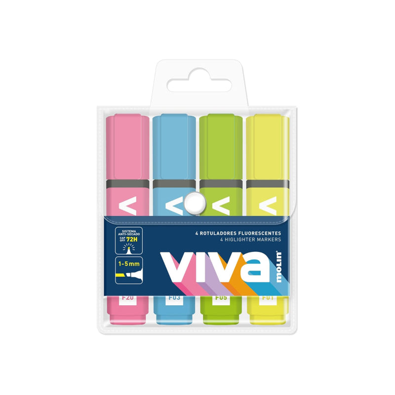 Molin Viva Pack de 4 Marcadores Fluorescentes - Trazo entre 1 y 5mm - Tinta con Base de Agua - Colores Surtidos