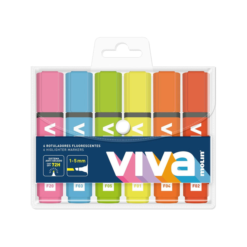 Molin Viva Pack de 6 Marcadores Fluorescentes - Trazo entre 1 y 5mm - Tinta con Base de Agua - Colores Surtidos