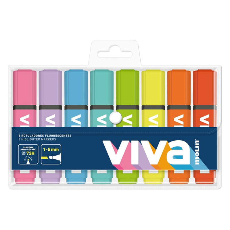Molin Viva Pack de 8 Marcadores Fluorescentes - Trazo entre 1 y 5mm - Tinta con Base de Agua - Colores Surtidos