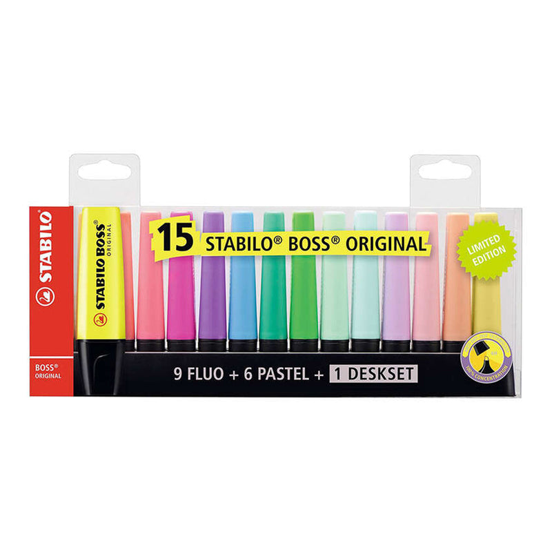 Stabilo Boss 70 Pack de Escritorio de 15 Marcadores Fluorescente - Practica Base para Escritorio - Trazo entre 2 y 5mm - Recargable - Tinta con Base de Agua - Colores 9 Fluo + 6 Pastel