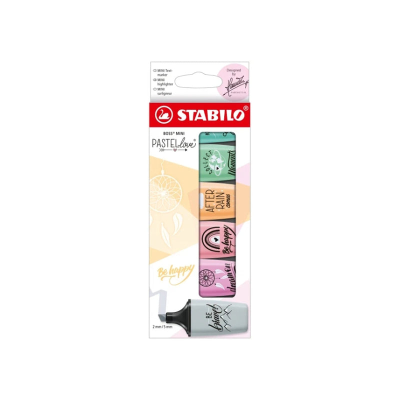 Stabilo Boss Mini Pastellove Pack de 6 Marcadores Fluorescentes - Trazo entre 2 y 5mm - Tinta con Base de Agua - Antisecado - Colores Rosa, Fucsia, Naranja, Verde, Gris, y Turquesa