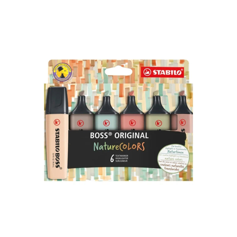 Stabilo Boss Naturecolors Pack de 6 Marcadores - Trazo entre 2 y 5mm - Tinta con Base de Agua - Colores Siena, Beige, Ocre Oscuro, Gris Calido, Verde Barro y Verde Tierra
