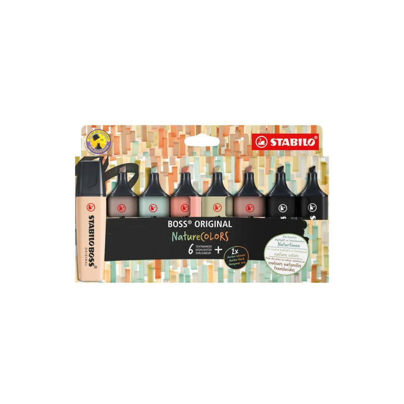 Stabilo Boss Naturecolors Pack de 8 Marcadores - Trazo entre 2 y 5mm - Tinta con Base de Agua - Colores Siena, Beige, Ocre Oscuro, Gris Calido, Verde Barro, Verde Tierra y Negro (x2)