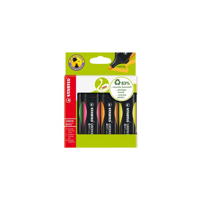 Stabilo Green Boss Pack de 4 Marcadores Fluorescentes - Fabricado con un 83% de Plastico Reciclado - Trazo entre 2 y 5mm - Recargable - Colores Surtidos