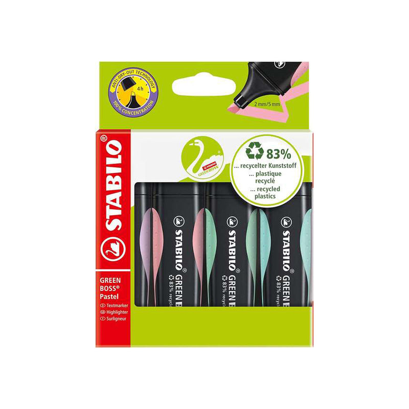 Stabilo Green Boss Pastel Pack de 4 Marcadores Fluorescentes - Fabricado con un 83% de Plastico Reciclado - Trazo entre 2 y 5mm - Recargable - Colores Surtidos Pastel