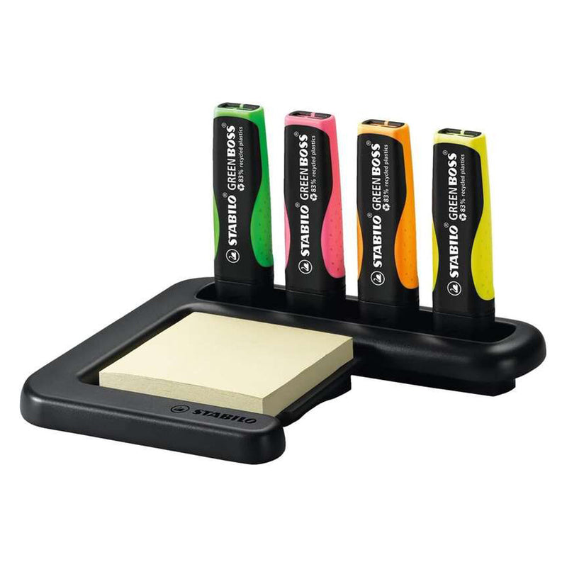 Stabilo Green Boss Set de Mesa de 4 Marcadores Fluorescentes 83% Plastico Reciclado + Bloc de Notas Adhesivas 100% Papel Reciclado - Set Fabricado 98% Plastico Reciclado - Colores Surtidos