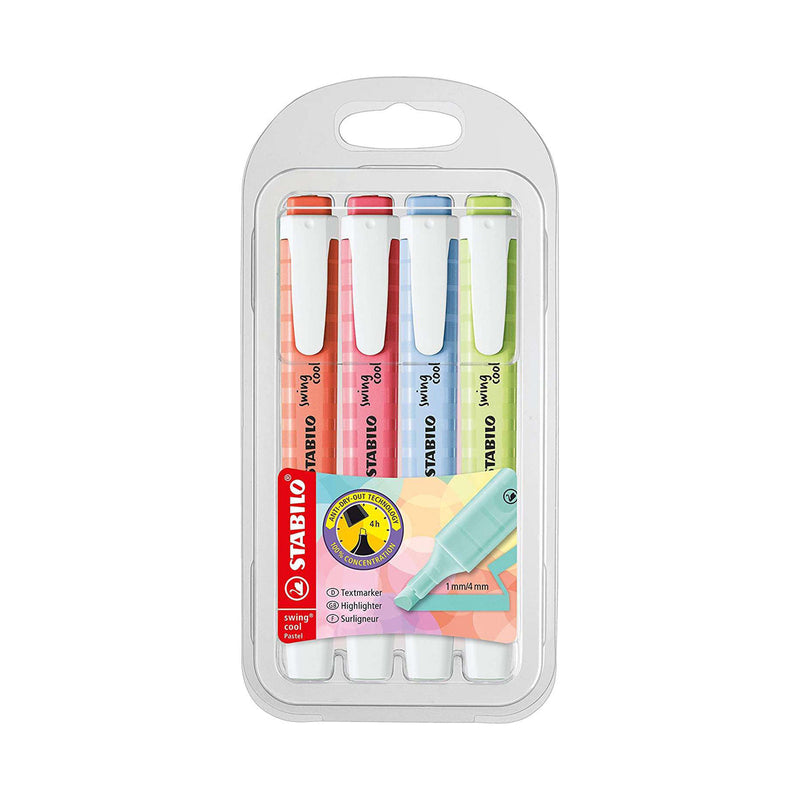 Stabilo Swing Cool Pastel Pack de 4 Marcadores Fluorescentes - Cuerpo Plano - Punta Biselada - Trazo entre 1 y 4mm - Tinta con Base de Agua - Colores Surtidos
