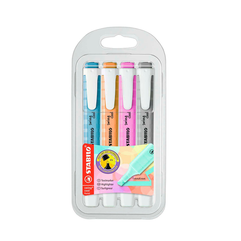 Stabilo Swing Cool Pastel Pack de 4 Marcadores Fluorescentes - Cuerpo Plano - Punta Biselada - Trazo entre 1 y 4mm - Tinta con Base de Agua - Antisecado - Colores Surtidos