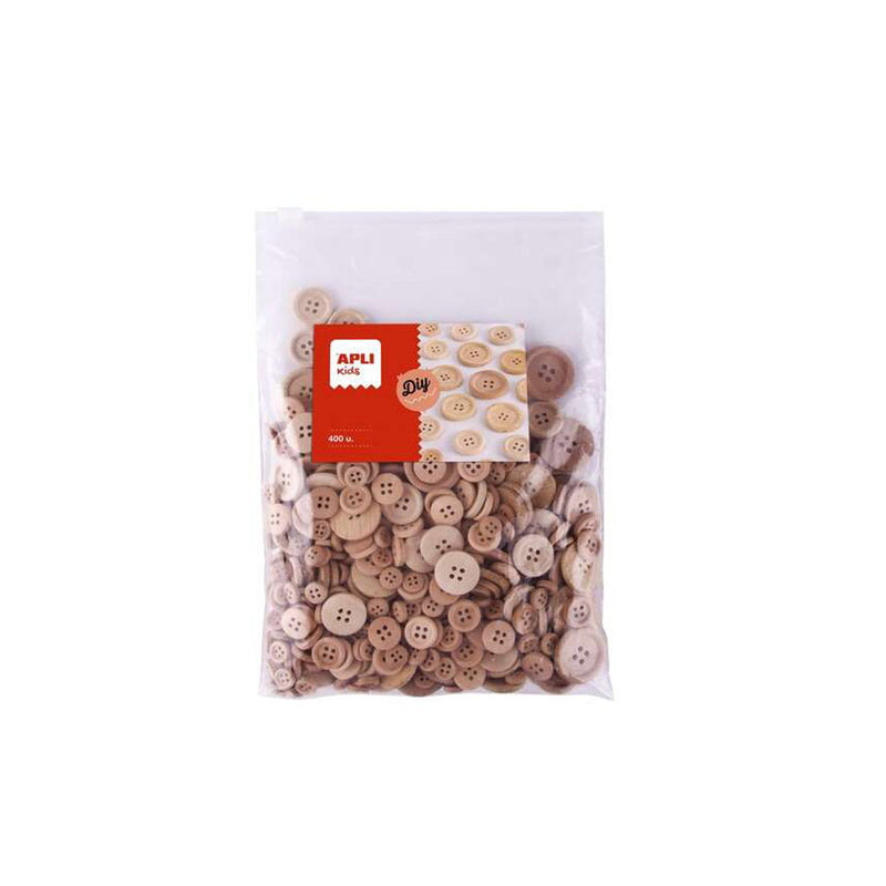Apli Kids Bolsa de 400 Botones de Madera Natural - Tamaños 10mm, 15mm, 20mm, 25mm, 30mm