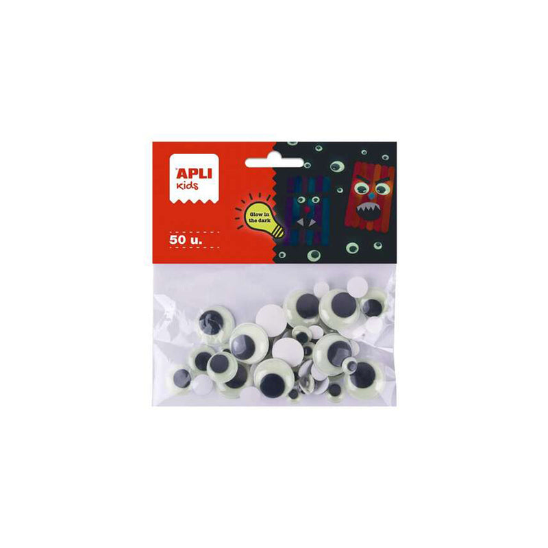 Apli Kids Bolsa de 50 Ojos Moviles Redondos Adhesivos - Brillan en la Oscuridad - Tamaños 8mm, 10mm, 15mm, 20mm