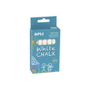 Apli Pack de 10 Tizas Blancas Redondas - Tamaño Ø 9 x 80mm - Bajo en Residuo y sin Polvo - Ideal para Escribir, Dibujar y Colorear en Pizarras y Pavimentos - Uso Escolar