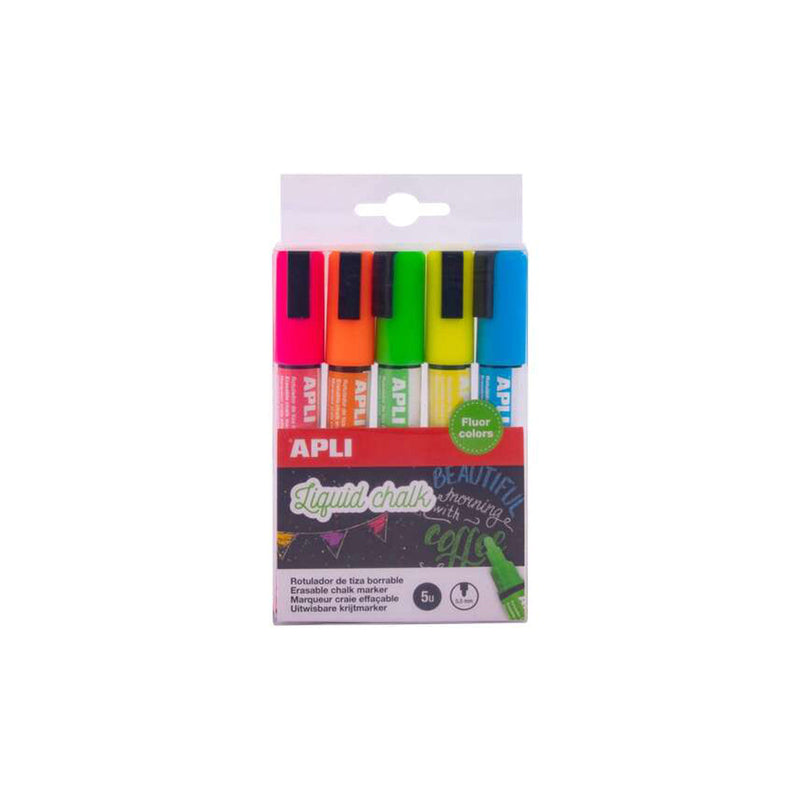 Apli Pack de 5 Rotuladores de Tiza Liquida Punta Redonda - Punta 5.5 mm - Secado Rapido - Colores Surtidos