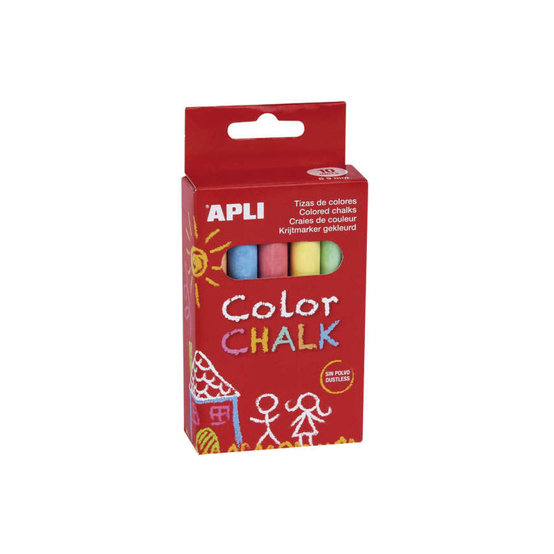 Apli Tizas Redondas de Colores Surtidos - Pack de 10 Tizas de Ø 9 x 80mm - sin Polvo - Ideales para Escribir, Dibujar y Colorear en Pizarras y Pavimentos - Aptas para Uso Escolar