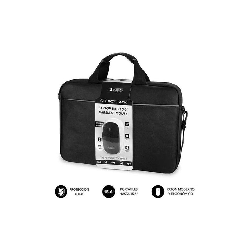 Subblim Maletin Select Pack con Raton Wireless - hasta 156 Pulgadas - Interior Acolchado y Reforzado - Compartimento Separado para El Portatil - Raton Inalambrico Ergonomico y Extraplano - Sensor Optico de 1200 dpi - Color Negro